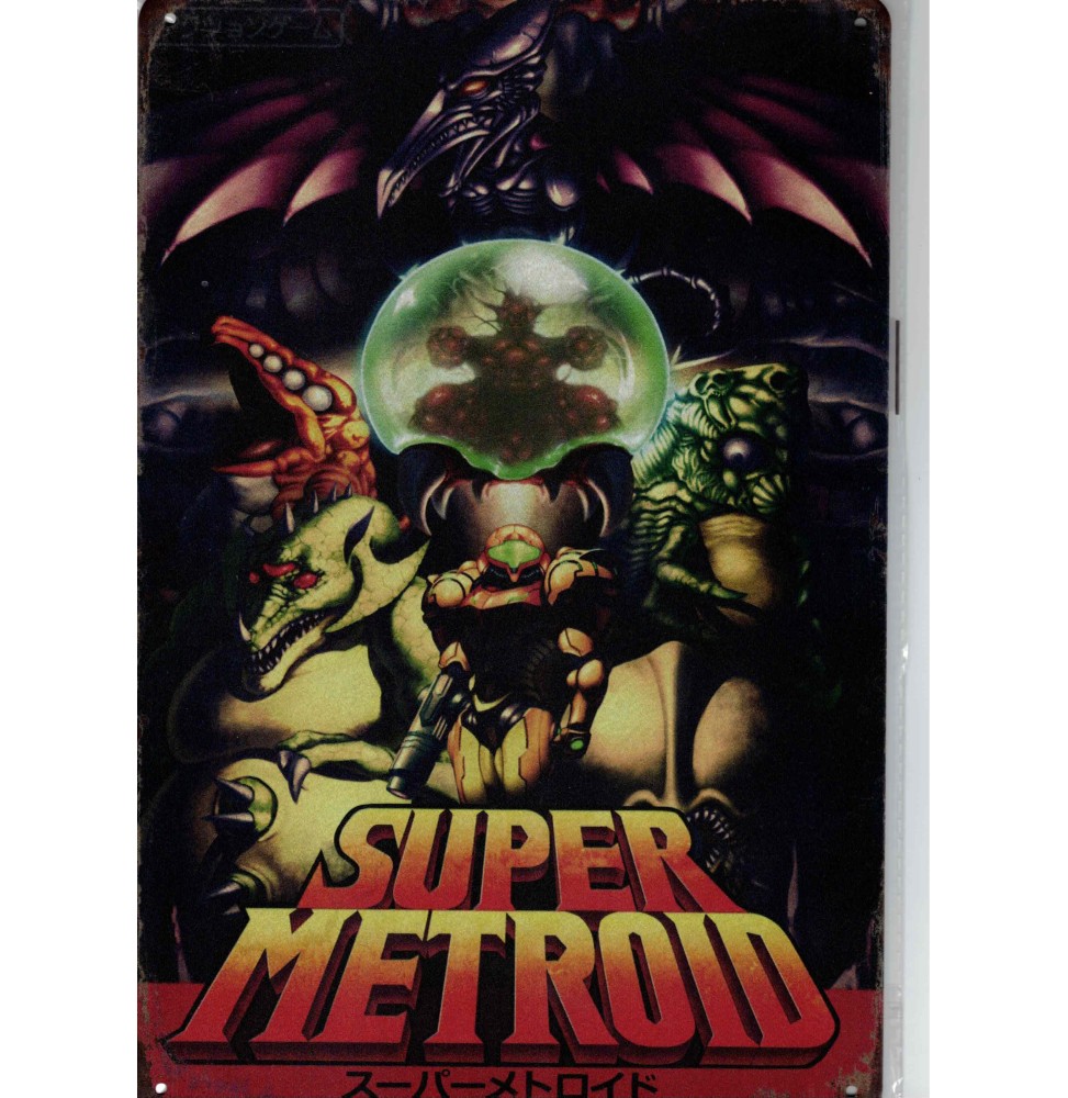 Plaque métal décorative Jeu Super Nintendo : SUPER METROID 20cm x 30cm